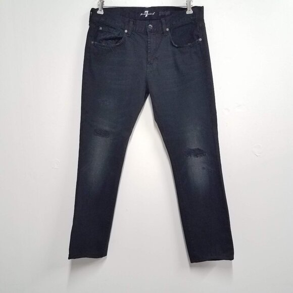 7 For All Mankind Jeans Black Mens 33 Paxtyn Distressed Denim AT139621AP - Picture 1 of 12